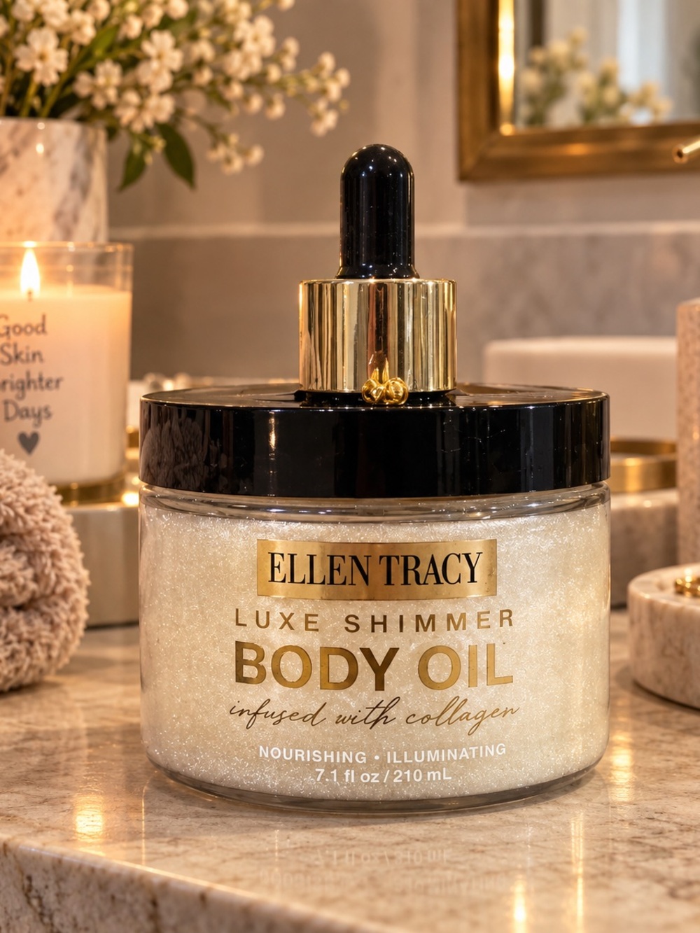 NEW Ellen Tracy Luxe Shimmer Body Oil – Gold and Black Accents 7.1oz